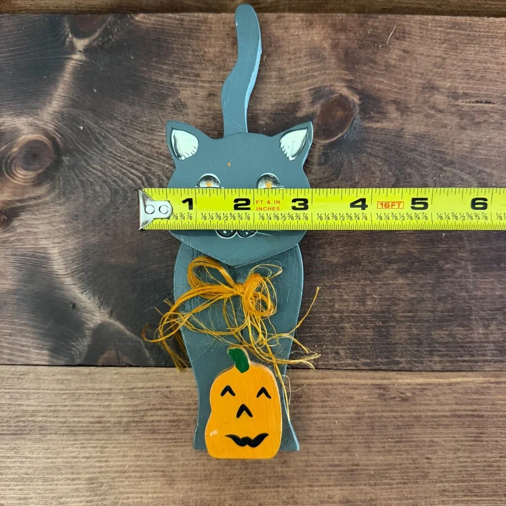 Vintage 1995 Pumpkin Hollow Wooden Black Cat Shelf Sitter Halloween Decor Grey